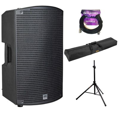 Kellards HK Audio Sonar 112 Xi 2-Way 1200W 12" Powered Speaker Bundle with Auray Speaker Stand Bag 51" Interior (Black), Auray SS-4420 Steel Speaker Stand, XLR-P20T Pro 20' XLR Cable