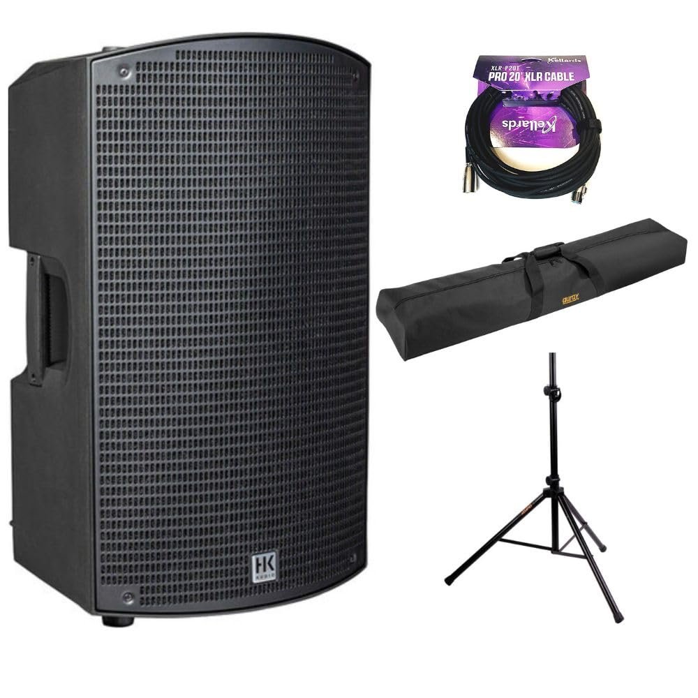 Kellards HK Audio Sonar 112 Xi 2-Way 1200W 12" Powered Speaker Bundle with Auray Speaker Stand Bag 51" Interior (Black), Auray SS-4420 Steel Speaker Stand, XLR-P20T Pro 20' XLR Cable