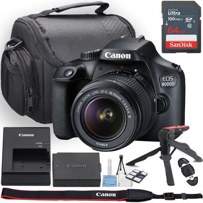 Canon EOS 4000D / Rebel T100 DSLR Camera w/EF-S 18-55mm f/3.5-5.6 III Lens + Camera Case + 64GB Memory + Deluxe Starter Kit + Hand Grip Stabilizer Tripod + More (13pc Bundle) (Renewed)