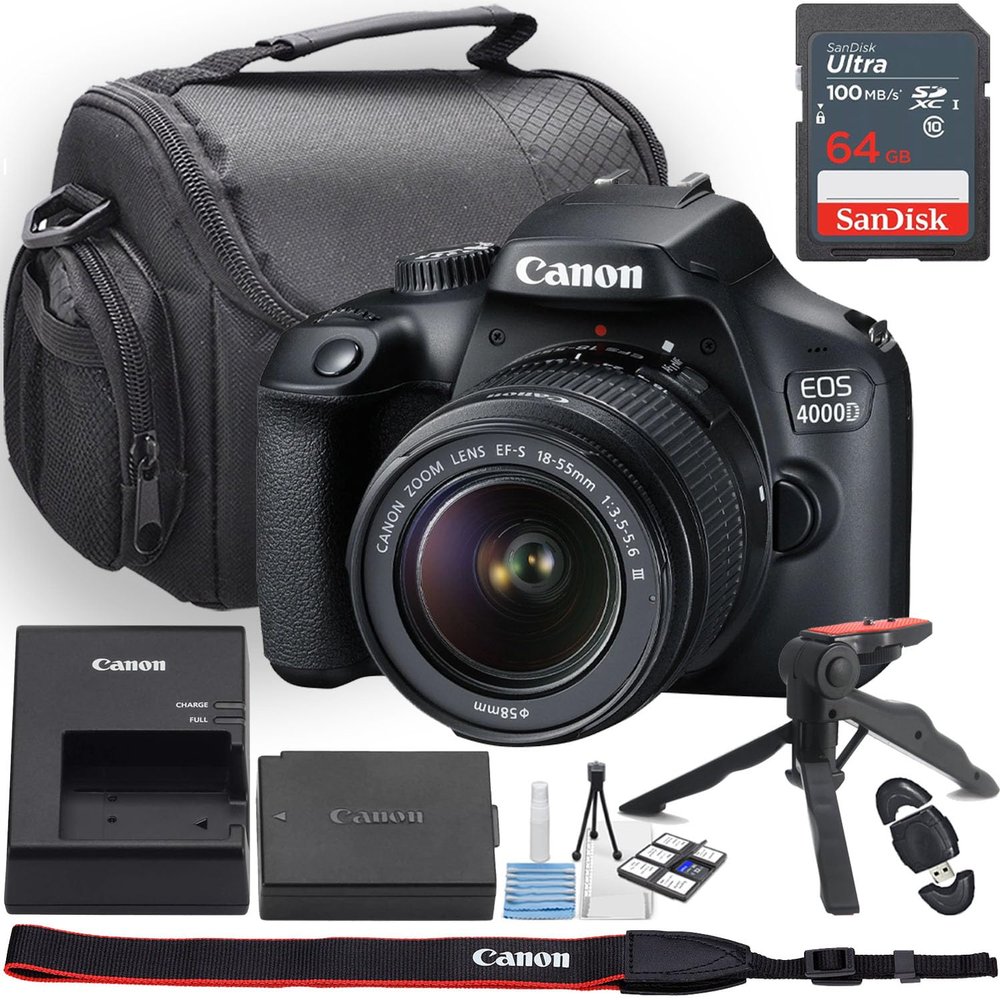 Canon EOS 4000D / Rebel T100 DSLR Camera w/EF-S 18-55mm f/3.5-5.6 III Lens + Camera Case + 64GB Memory + Deluxe Starter Kit + Hand Grip Stabilizer Tripod + More (13pc Bundle) (Renewed)