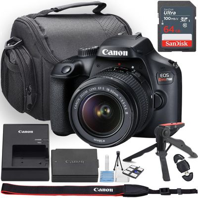 Canon EOS Rebel T100 (4000D) DSLR Camera w/EF-S 18-55mm f/3.5-5.6 III Lens + Camera Case + 64GB Memory + Deluxe Starter Kit + Hand Grip Stabilizer Tripod + More (13pc Bundle) (Renewed)