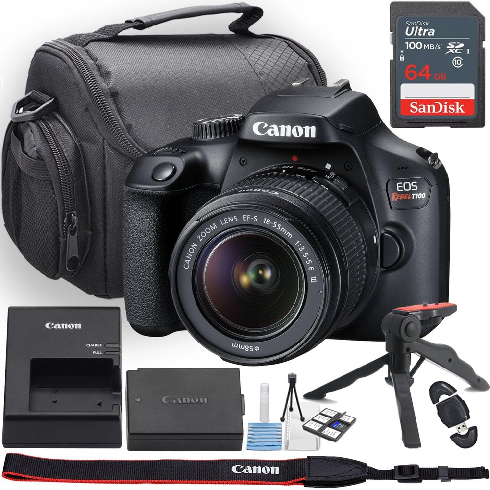 Canon EOS Rebel T100 (4000D) DSLR Camera w/EF-S 18-55mm f/3.5-5.6 III Lens + Camera Case + 64GB Memory + Deluxe Starter Kit + Hand Grip Stabilizer Tripod + More (13pc Bundle) (Renewed)