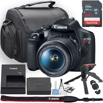 Canon EOS Rebel T7 (2000D) DSLR Camera w/EF-S 18-55mm f/3.5-5.6 is II Lens + Camera Case + 64GB Memory + Deluxe Starter Kit + Hand Grip Stabilizer Tripod + More (15pc Bundle) (Renewed)
