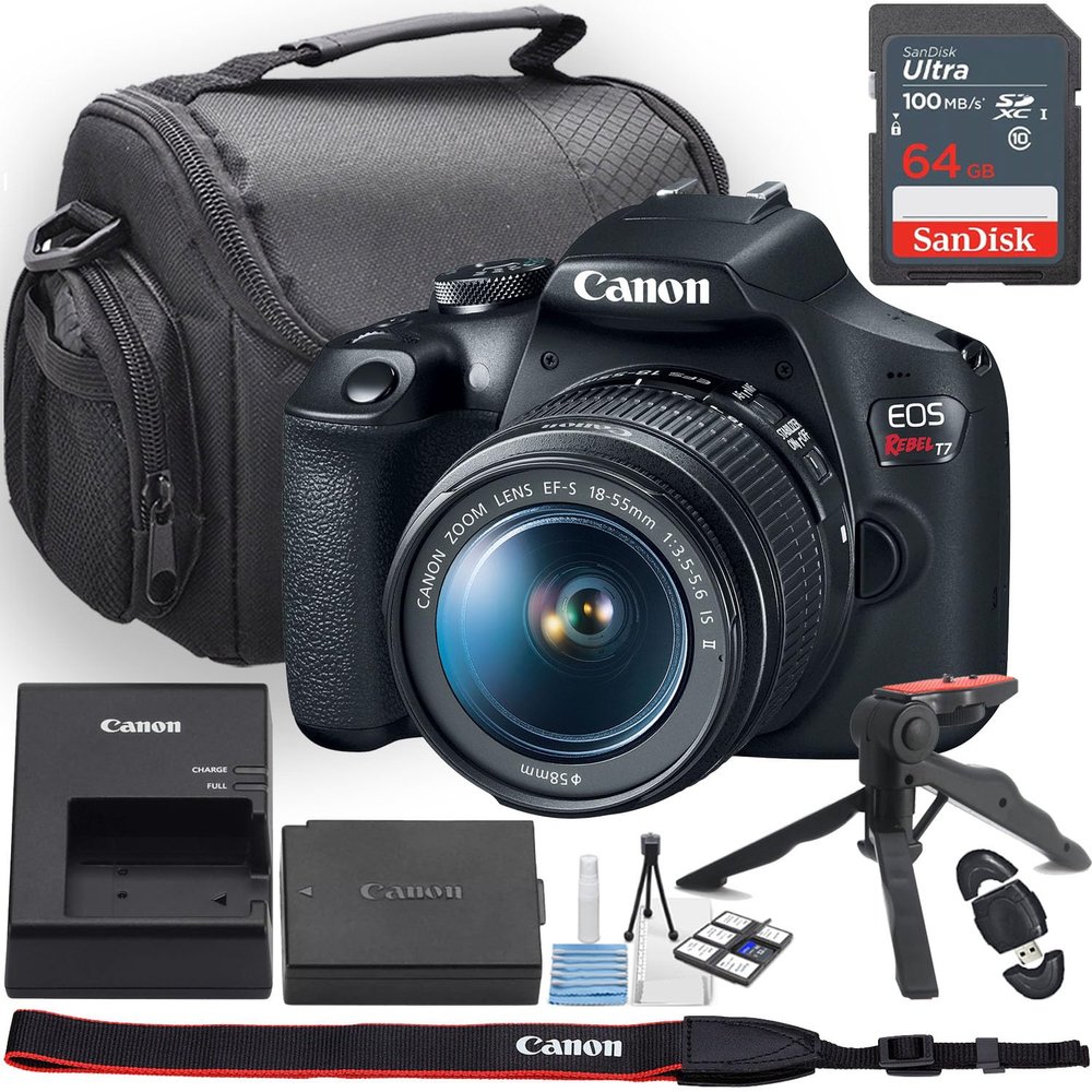 Canon EOS Rebel T7 (2000D) DSLR Camera w/EF-S 18-55mm f/3.5-5.6 is II Lens + Camera Case + 64GB Memory + Deluxe Starter Kit + Hand Grip Stabilizer Tripod + More (15pc Bundle) (Renewed)
