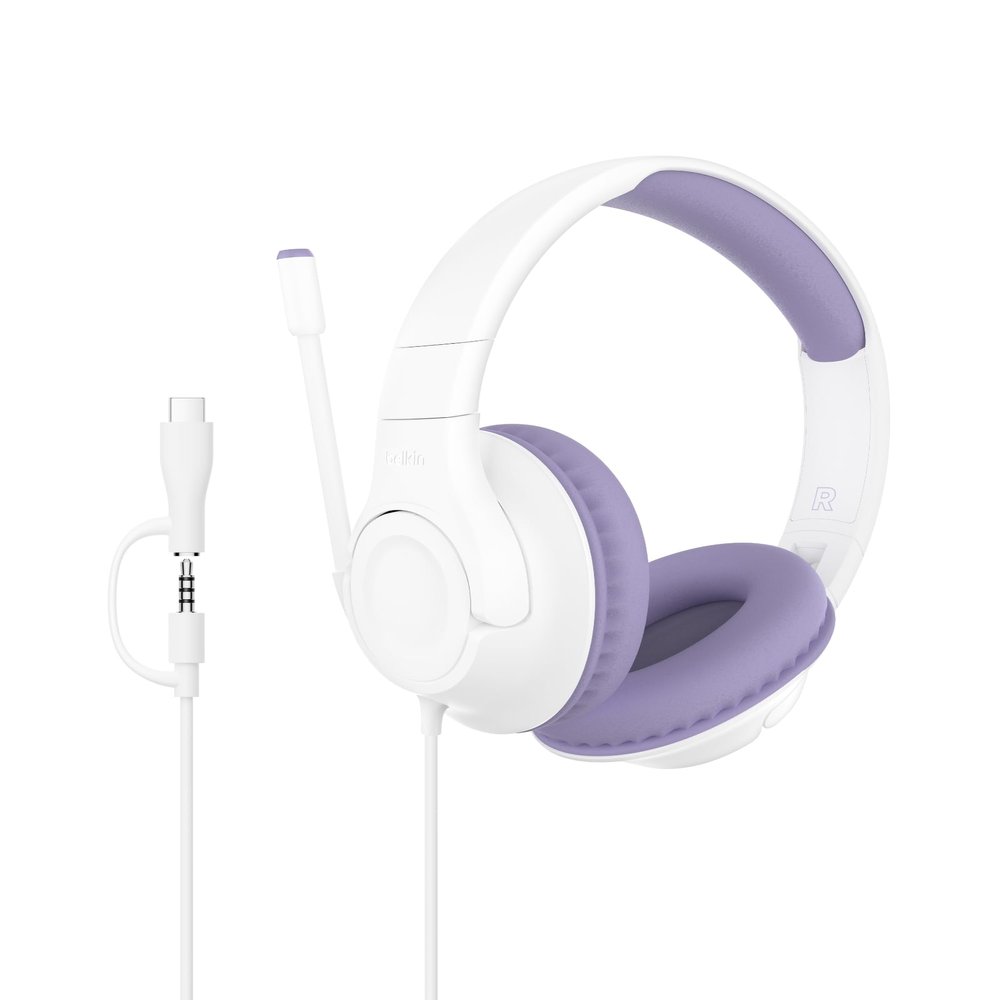 Belkin SoundForm Inspire Wired Over-Ear Headset for Kids, Online Learning & Travel w/Built-in Boom Mic, 85dB Safe Volume Limit - USB-C & 3.5mm - Compatible w/iPhone, iPad, Galaxy & More - Lavender