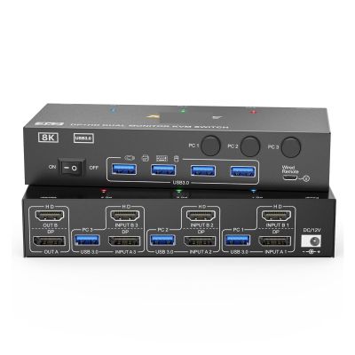 Y0S3QZ1 K@144Hz KVM Switch 2 Monitors 3 Computers 8K@60Hz,HDMI +Displayport Dual Monitor KVM Switch with 4 USB 3.0 Port(EU Power Adapter)