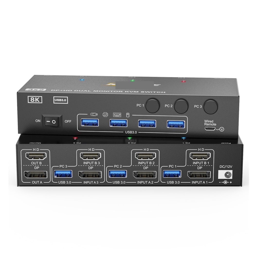 Y0S3QZ1 K@144Hz KVM Switch 2 Monitors 3 Computers 8K@60Hz,HDMI +Displayport Dual Monitor KVM Switch with 4 USB 3.0 Port(EU Power Adapter)