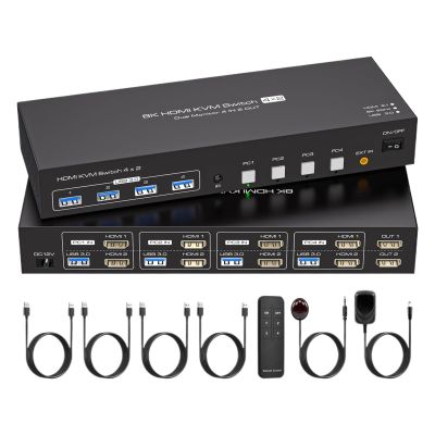 L6AS0F7 Dual Monitor HDMI 2.1 KVM Switch 4 Computers 2 Monitors 8K@60Hz 4K@120Hz 4 Port KVM Switches for 4 PC Share 4 USB 3.0 Devices(EU Power Plug)
