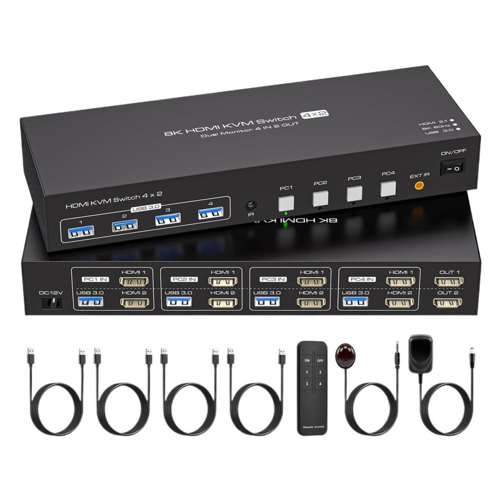 L6AS0F7 Dual Monitor HDMI 2.1 KVM Switch 4 Computers 2 Monitors 8K@60Hz 4K@120Hz 4 Port KVM Switches for 4 PC Share 4 USB 3.0 Devices(EU Power Plug)
