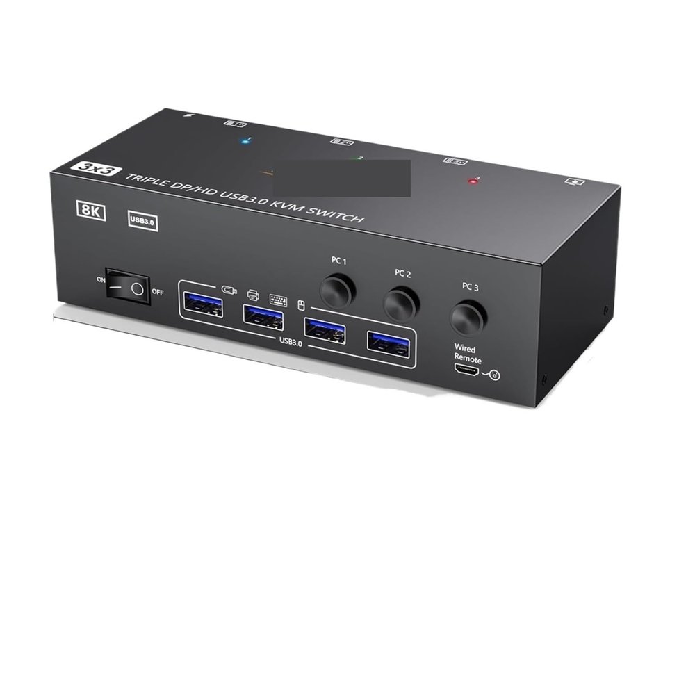L6AS0F7 2 Displayport + HDMI USB 3.0 KVM Switch 3 Monitors 3 Computers 8K@60Hz 4K@144Hz Triple Monitor KVM with 4 USB 3.0 Ports(with US Plug)