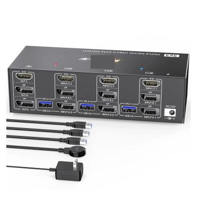 D3LX0Z1 DP/HD KVM Switch 3 Monitors 3 Computers 8K@60Hz 4K@144Hz, HDMI+2 Displayport KVM Switch Triple Monitor for 3 Computer Share(AU Plug)