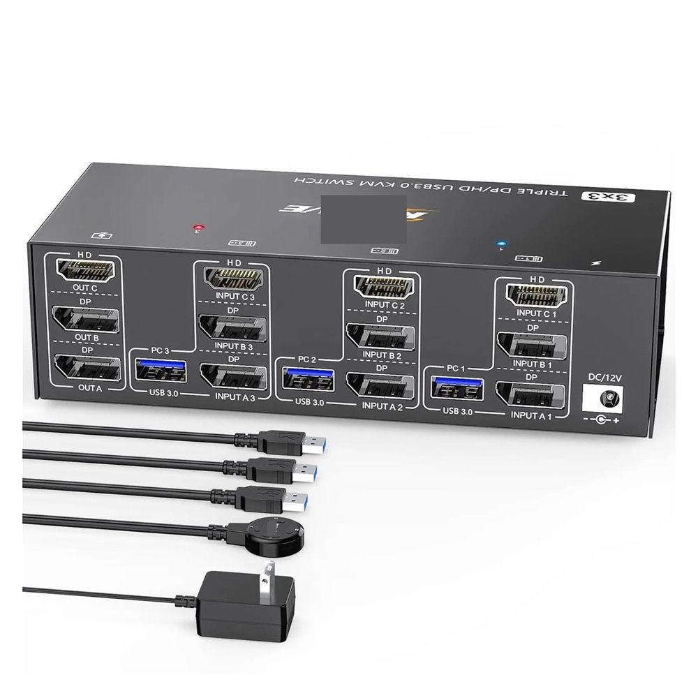 D3LX0Z1 DP/HD KVM Switch 3 Monitors 3 Computers 8K@60Hz 4K@144Hz, HDMI+2 Displayport KVM Switch Triple Monitor for 3 Computer Share(AU Plug)