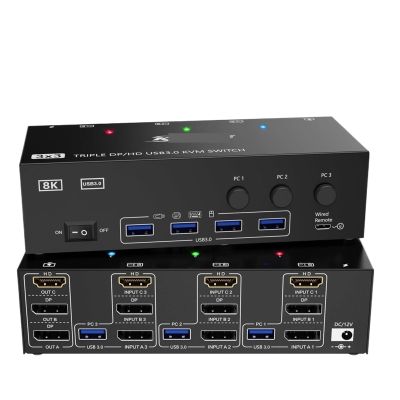 Y0S3QZ1 KVM Switch 3 Monitors 3 Computers, 8K@60Hz 4K@144Hz Triple Monitor KVM, 1 HDMI + 2 Displayport KVM Switch with 4 USB 3.0 Ports(EU Power Plug)