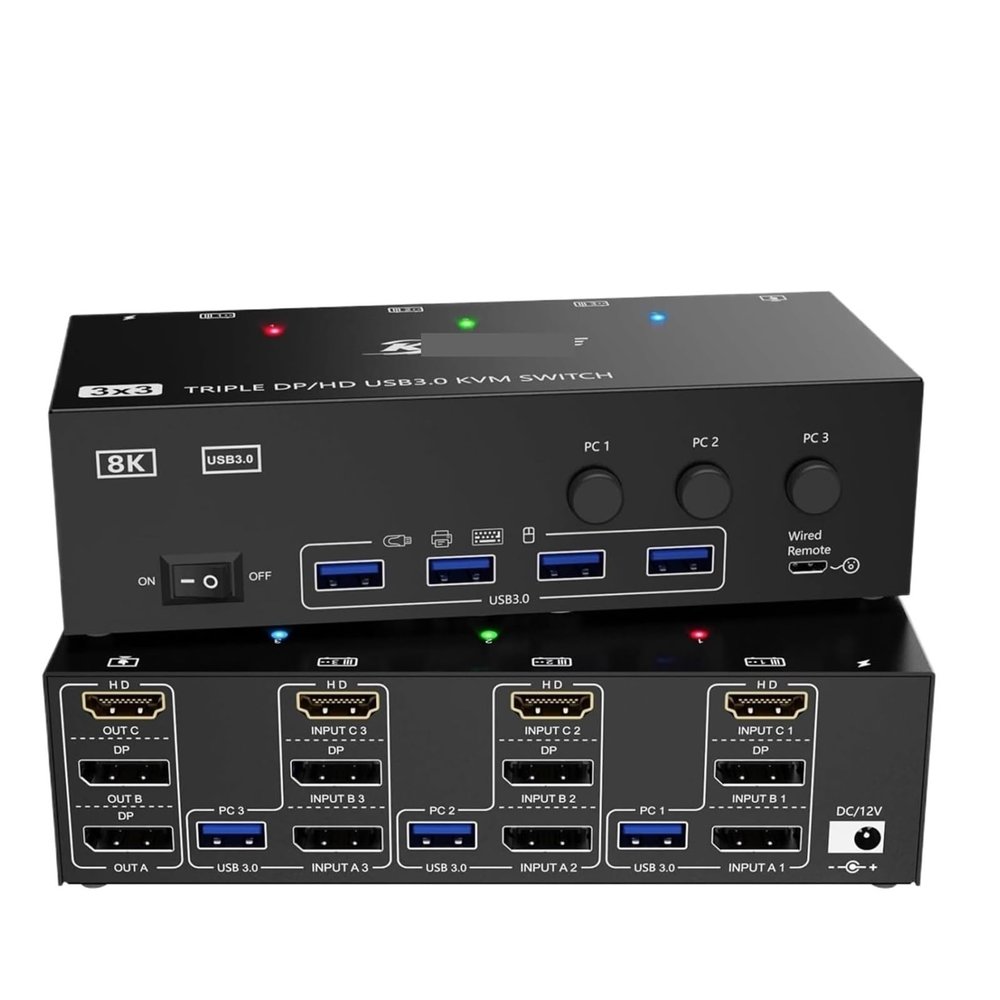 Y0S3QZ1 KVM Switch 3 Monitors 3 Computers, 8K@60Hz 4K@144Hz Triple Monitor KVM, 1 HDMI + 2 Displayport KVM Switch with 4 USB 3.0 Ports(EU Power Plug)