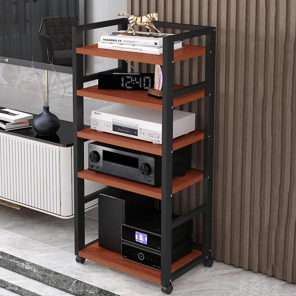 SDdPulse 5-Tier Movable Audio/Video Media Stand Center CD Player Stand Stereo Component Storage Cabinet Audio Tower with Height Adjustable Wooden Shelf for Home/Office/Theater,A
