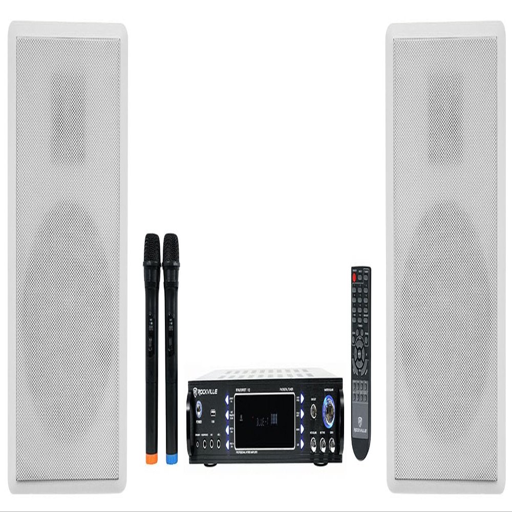 Rockville Bundle: Pair RockSlim White Home Theater 5.25" 240w Easy Wall Mount Slim Speakers Bundle with RPA70WBT V2 1000w 2-Ch Bluetooth Karaoke Amplifier/Mixer+(2) Mics (2 Items)