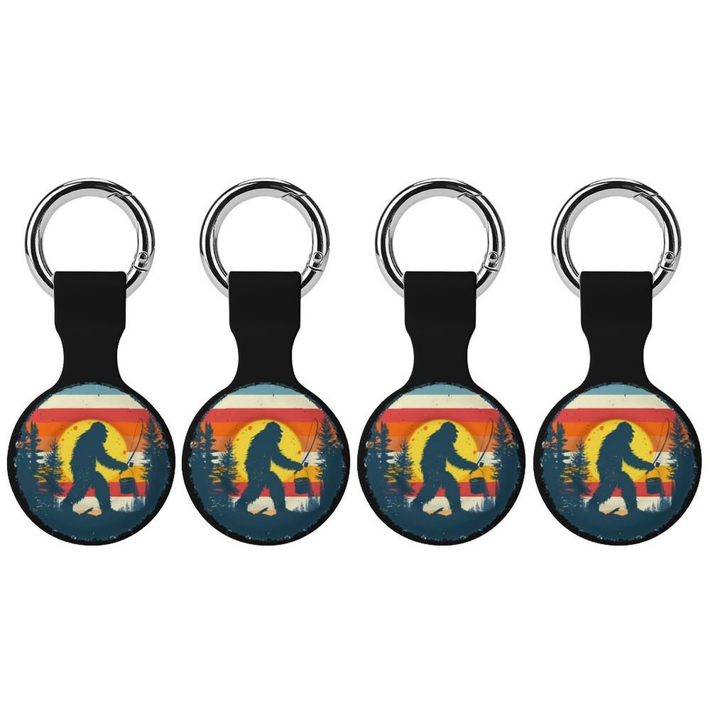 Bigfoot Fishing Vintage Sasquatch Compatible with AirTag Holder Case Protective Cover with Key Ring 4PCS