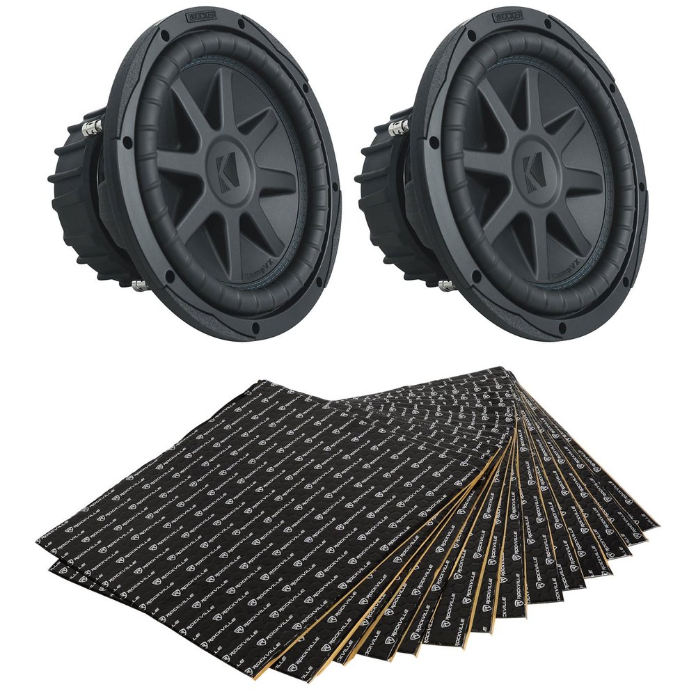 Audiosavings Bundle: (2) Kicker 50CVX104 10" 1200W CompVX Car Subwoofers (Dual 4-Ohm) Bundle with Rockville RockMat 37-25 Sound Deadening Kit (3 Items)