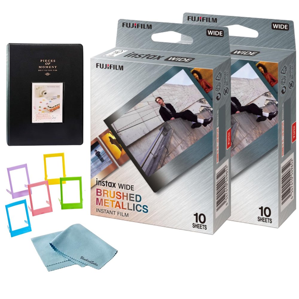FUJIFILM INSTAX Wide Brushed Metallics Instant Film Bundle  20 Exposures + Album, Photo Frames & BluebirdSales Cleaning Cloth