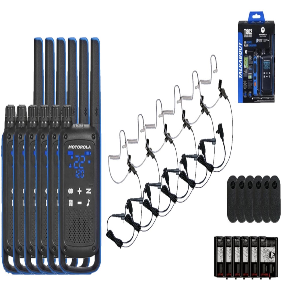 Motorola Solutions Talkabout T802 Portable FRS Two Way Radio 6 Pack Walkie Talkies Blue/Black 22 Channels with 6 PTT Surveillance Earpieces