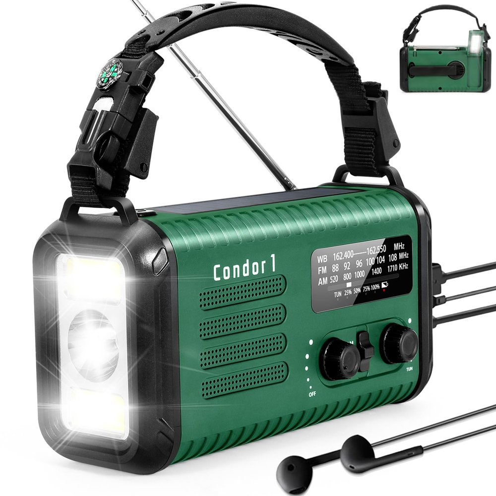 Emergency Weather Radio (Condor 1) NOAA/AM/FM with 74000mWh Portable Radio, USB-C/Solar/Hand Crank Charging, SOS Alarm, Flashlight, Reading Lamp & Survival Handle Kit for Indoor/Outdoor Emergency