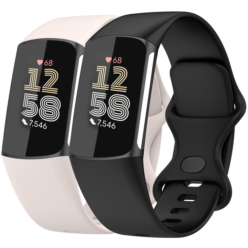 Nacorulu Compatible with Fitbit Charge 6 / Charge 5 Bands, Soft Silicone Replacement band for Women Men 2 Pack (Black_Moon White, Small(5.5"-7.8"))