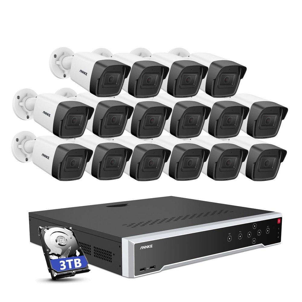 ANNKE 5MP Security Camera System, 16 Ports Expandable 32CH 12MP H.265+ NVR Recorder, 16X 3K Built-in Mic Wired IP Bullet Cams, IP67, AI Motion & 1CH Face Detection, Compatible with Alexa, 3TB HDD