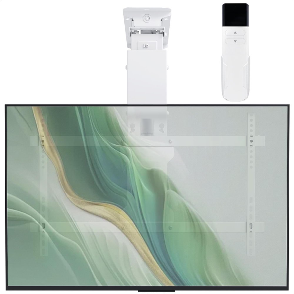 CLAIKS Electric Ceiling TV Mount Electric Motorized Flip-Down Bracket with Remote Control, 32 to 70-Inch Flat & Curved Screens, Max VESA 600x400mm, Compatible with Flat and Pitched Roofs, White