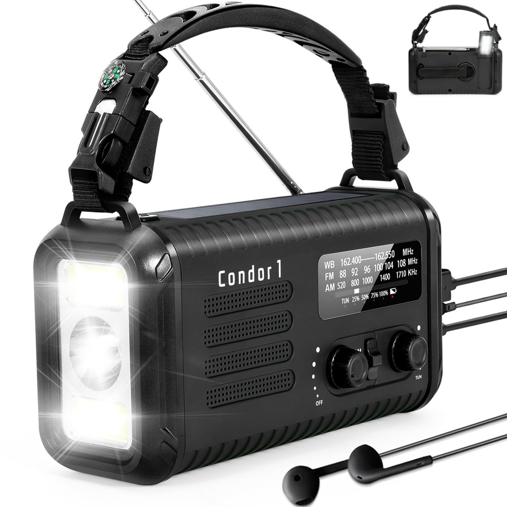 Emergency Weather Radio (Condor 1) NOAA/AM/FM with 74000mWh Portable Radio, USB-C/Solar/Hand Crank Charging, SOS Alarm, Flashlight, Reading Lamp & Survival Handle Kit for Indoor/Outdoor Emergency