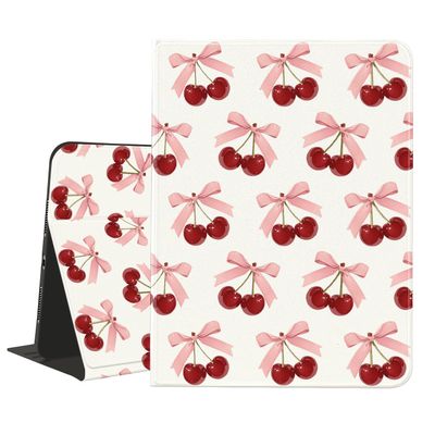 AdorableWhimsy Bowknot Cherry Printed Case for iPad 10th Generation 2022 10.9"/iPad (A16) 11th Generation 2025 11" with Pencil Holder Folio Girly White Leather Cover Multi-Angle Viewing Stand Case