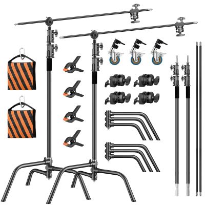 2 Pack Stainless Steel Photography Light Stand 6.9ft/210cm with Holding Arm Sandbag Grip Head Heavy Duty C Stand Sturdy for Photography Studio Video Monolight Softbox Shooting?Black?