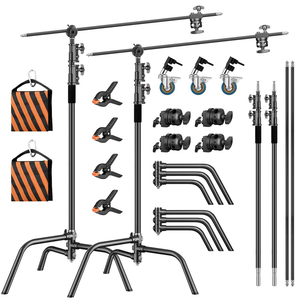 2 Pack Stainless Steel Photography Light Stand 6.9ft/210cm with Holding Arm Sandbag Grip Head Heavy Duty C Stand Sturdy for Photography Studio Video Monolight Softbox Shooting?Black?