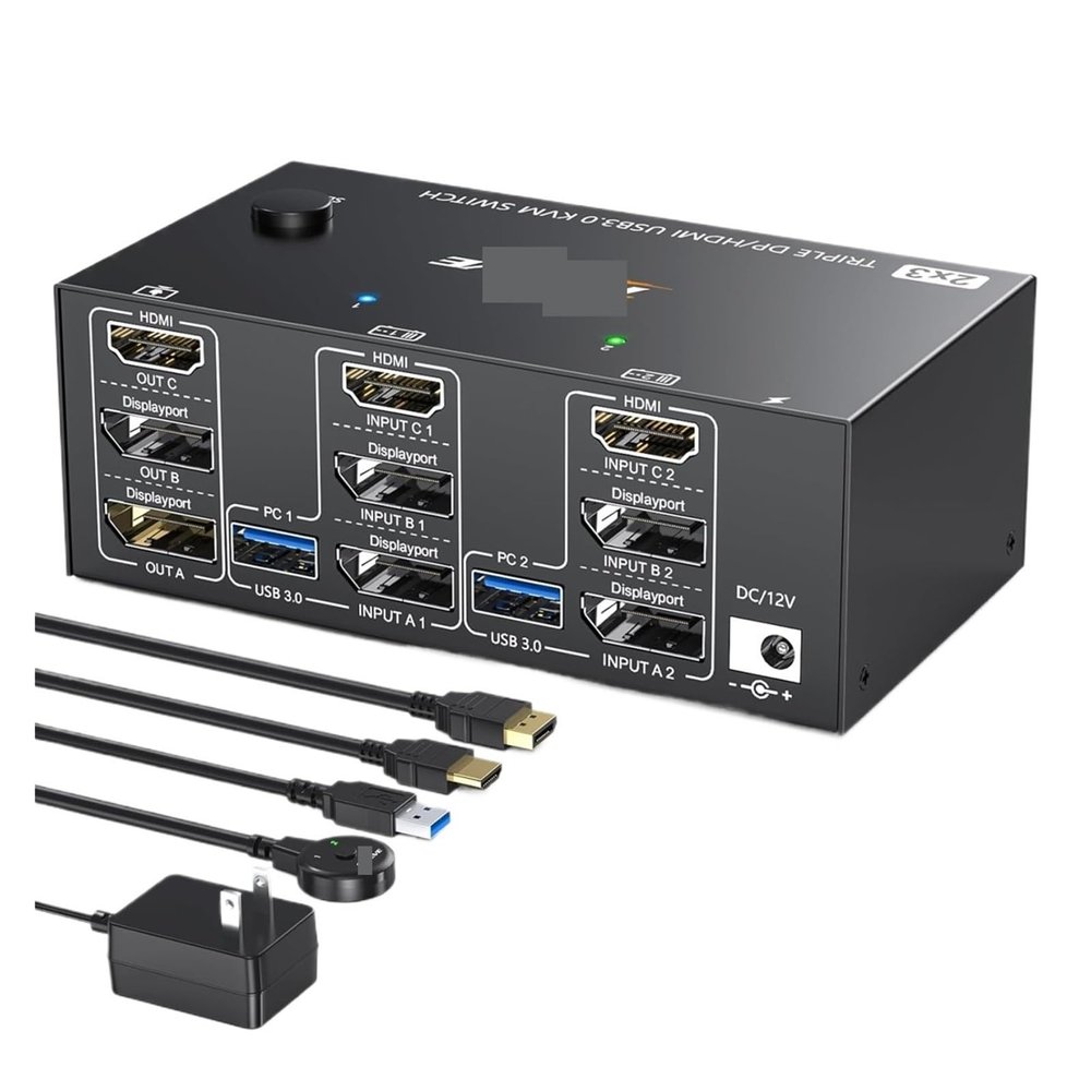 Y0S3QZ1 Triple Monitors HDMI KVM Switch,2 Displayport + HDMI USB KVM Switch 8K@60Hz,4K@144Hz 3 Monitors 2 Computers KVM(with US Plug)