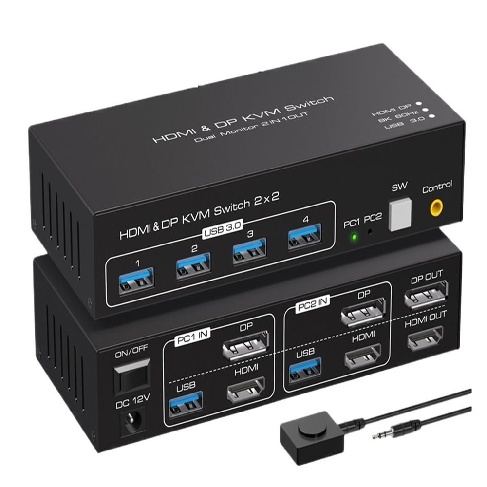 D3LX0Z1 2x2 HDMI DP KVM Switch 4K 120Hz Dual Monitor Extended Display 8K USB KVM Switcher 2 in 2 Out for 2 Computers 2 Monitors(EU Power Plug)