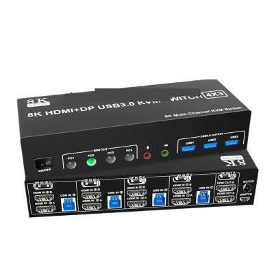 Y0S3QZ1 8K HDMI DP KVM USB 3.0 Switch 4x3 Triple Monitor 4K 120Hz Extended Display Displayport Switcher 4 in 3 Out for Keyboard Mouse(US Power Plug)