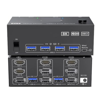 D3LX0Z1 8K KVM Switch Tripe 3 Monitors USB 3.0 Hub Docking Station 60Hz HDMI-Compatible 30Hz DP Switcher Selector Hub PC Accessories(Input 1xHDTV 2xDP)