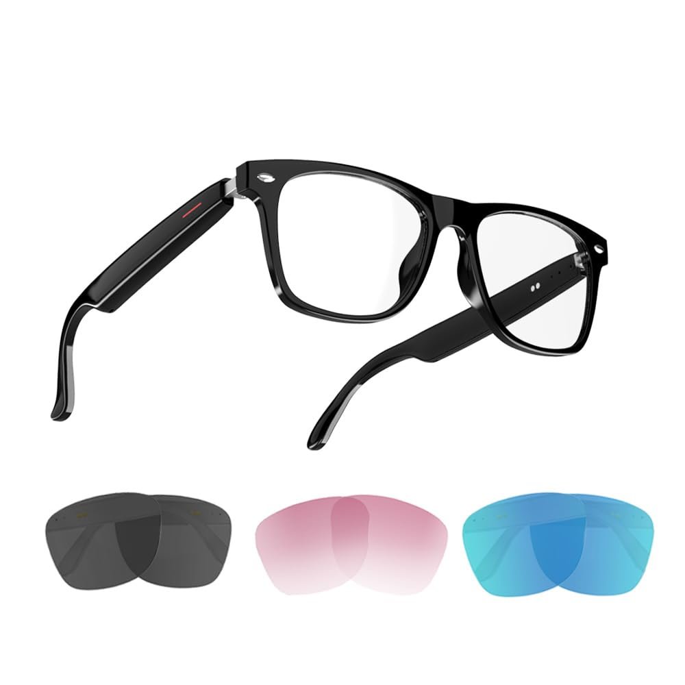 IVY AI Smart Glasses - Glesses Lens Kits (Blue Light Blocking & Sunglasses & Pink & Blue) for Office Outdoor Sports Drive - Smart Bluetooth Audio Glasses for Men & Women - Black Frame