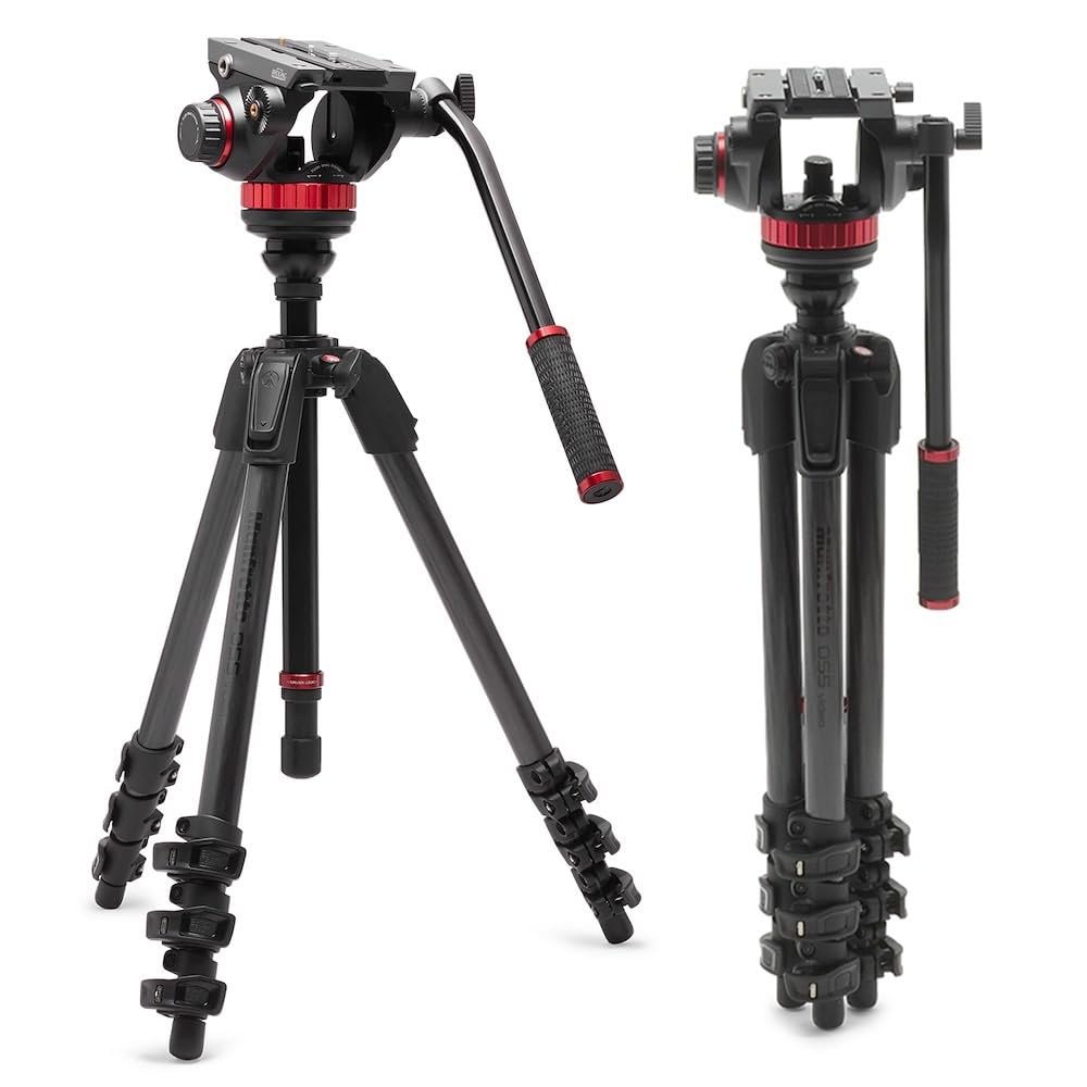 Manfrotto 055 Video Tripod w/502 Video Fluid Head, Carbon Fibre, Professional Heavy Duty System, with Levelling Column, Lever Lock, Camera Tripod Stand, for DSLR/Mirrorless Cameras, Camcorders
