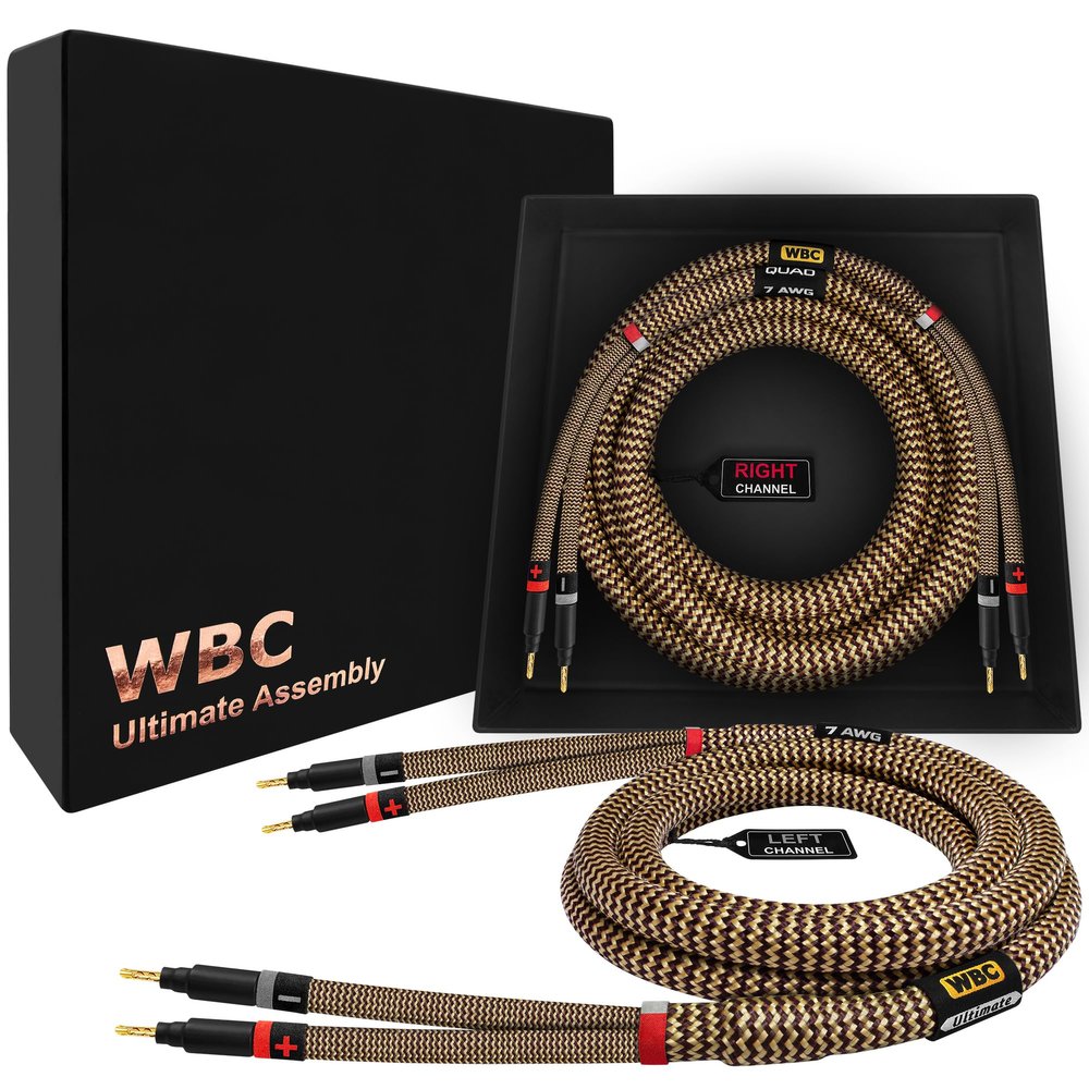 WORLDS BEST CABLES 10 Foot Ultimate - 7 AWG - Ultra-Pure OFC Extra Premium Audiophile HiFi Speaker Cable Pair with Eminence Gold Banana Plugs & TnBrwn Tweed Jacket