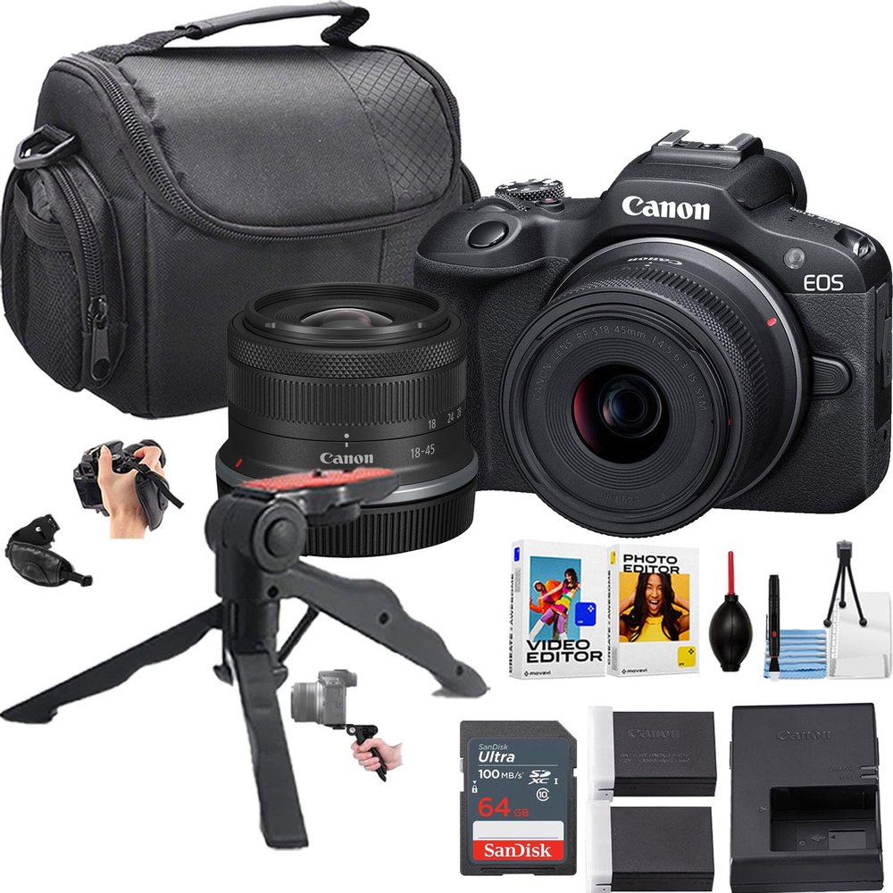 Canon EOS R100 Mirrorless Camera w/18-45mm Lens + 64GB Sandisk Ultra Memory Card + Camera Case + More (15pc Bundle) (Renewed)