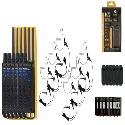 Motorola Solutions Portable FRS Talkabout T470 Two Way Radio Rechargeable 6-Pack Walkie Talkies Black/Yellow 22 Channels with 6 Surveillance PTT Earpieces