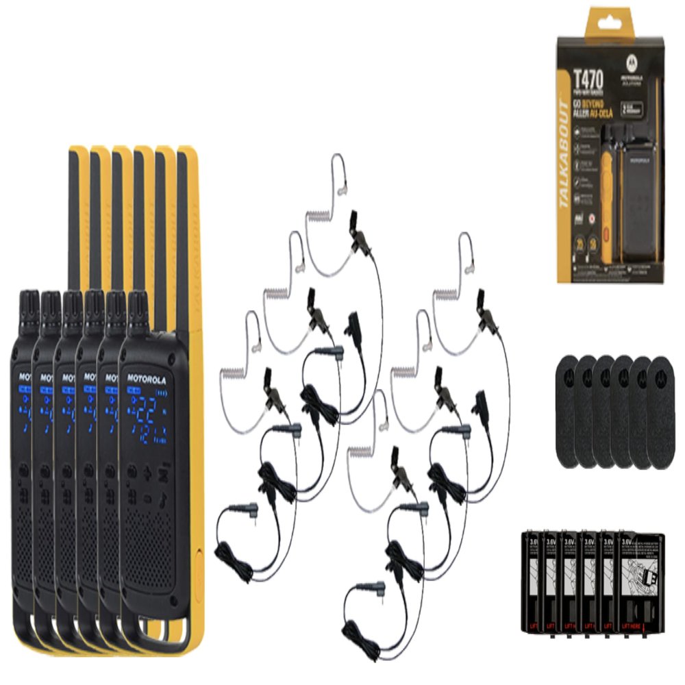 Motorola Solutions Portable FRS Talkabout T470 Two Way Radio Rechargeable 6-Pack Walkie Talkies Black/Yellow 22 Channels with 6 Surveillance PTT Earpieces