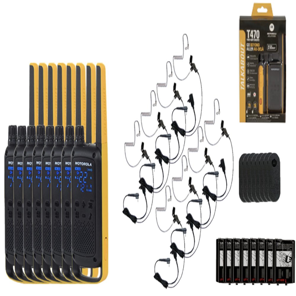 Motorola Solutions Portable FRS Talkabout T470 Two Way Radio Rechargeable 8-Pack Walkie Talkies Black/Yellow 22 Channels with 8 Surveillance PTT Earpieces