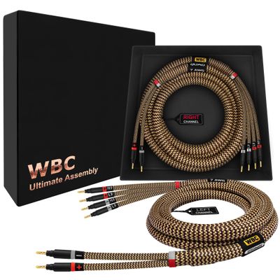 WORLDS BEST CABLES 8 Foot Ultimate - 7 AWG - Ultra-Pure OFC  Extra Premium Audiophile HiFi Bi-Wire Speaker Cable Pair with Eminence Gold Banana Plugs & TnBrwn Tweed Jacket