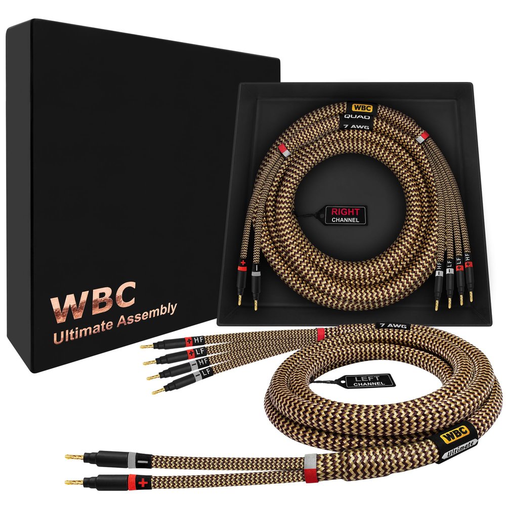WORLDS BEST CABLES 8 Foot Ultimate - 7 AWG - Ultra-Pure OFC  Extra Premium Audiophile HiFi Bi-Wire Speaker Cable Pair with Eminence Gold Banana Plugs & TnBrwn Tweed Jacket