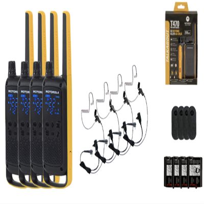 Motorola Solutions Portable FRS Talkabout T470 Two Way Radio Rechargeable 4-Pack Walkie Talkies Black/Yellow 22 Channels with 4 Surveillance PTT Earpieces