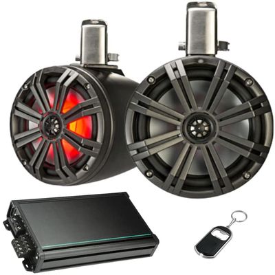 KICKER 45KMTC8 8" 2 Way Wakeboard Coaxial Tower Speakers with 48KMA3604 Marine Amplifier and 47KMPK8 Amplifier Wiring Kit
