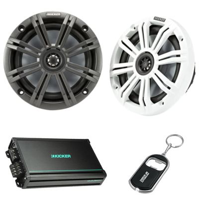 KICKER Pair of 45KM654 6.5" Coaxial Marine Speakers and 48KMA3604 4 Channel Marine Amplifier