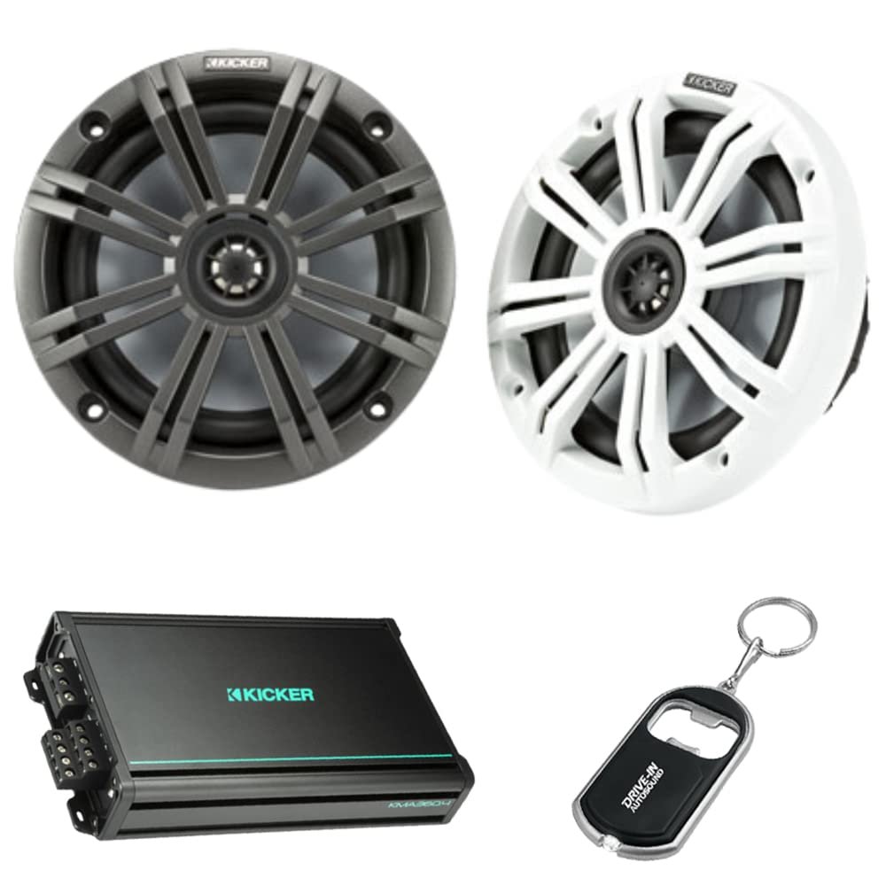 KICKER Pair of 45KM654 6.5" Coaxial Marine Speakers and 48KMA3604 4 Channel Marine Amplifier