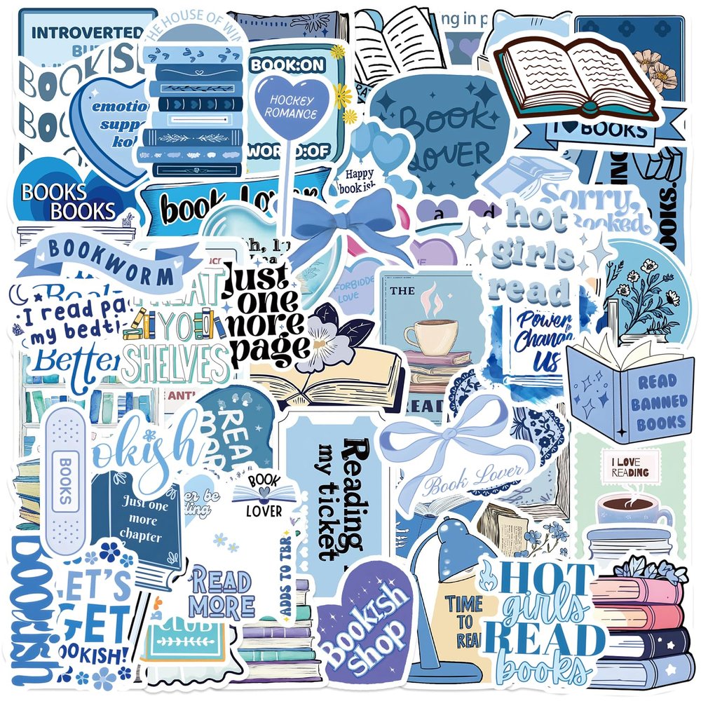 100PCS Bookish Stickers,Blue Book Stickers for Kindle,Reading Decals,Waterproof Vinyl for Water Bottles Laptop Phone Case